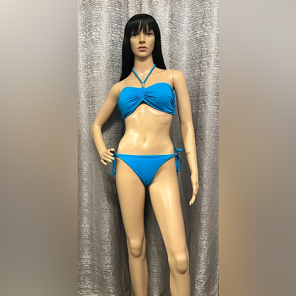 Blue Bandeau Bikini with Silver Accents